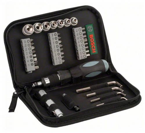 Набор бит и торцевых ключей Bosch, с отверткой, 38 предметов Набор бит и торцевых ключей Bosch, с отверткой, 38 предметов